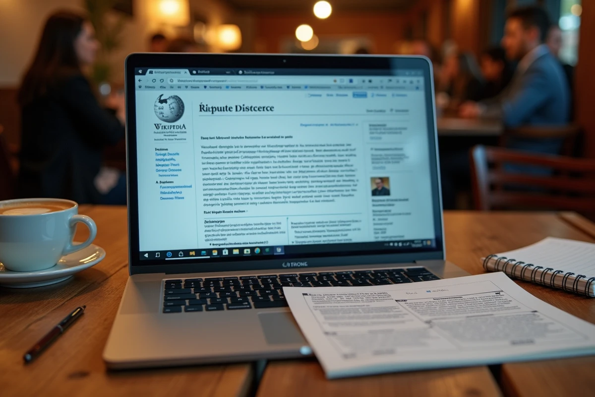 Ordinateur portable affichant une page Wikipedia en français comparée à une fiche officielle imprimée sur une table de café