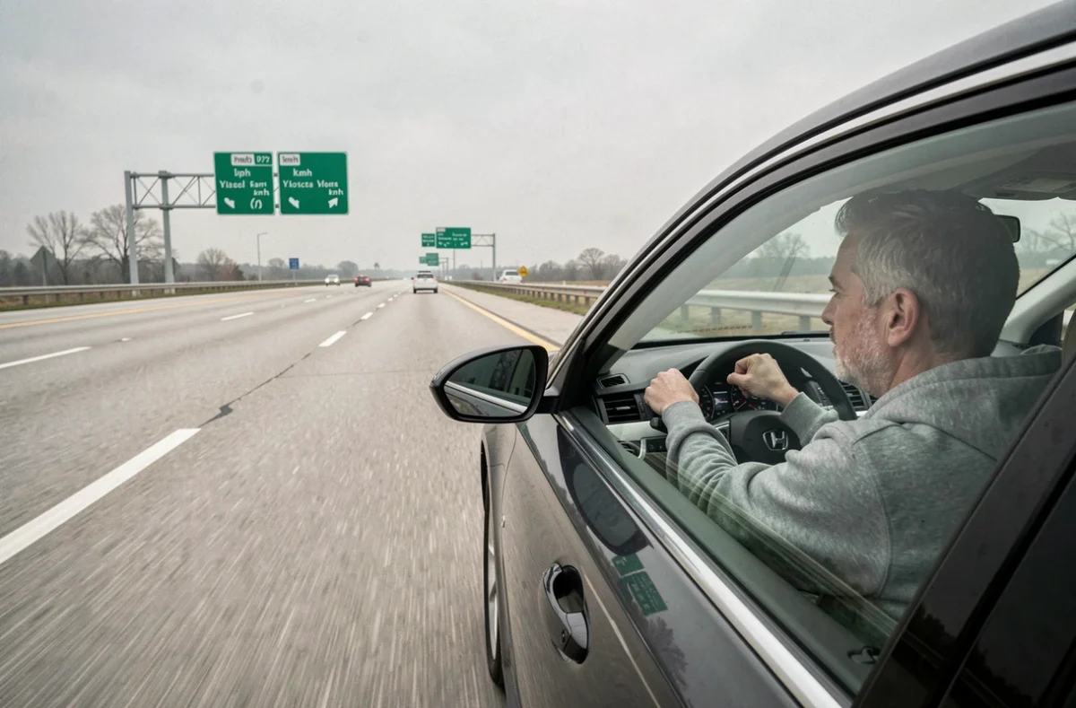 Conducteur sur autoroute roulant à vitesse modérée illustrant la conversion 37 mph en kilomètres par heure