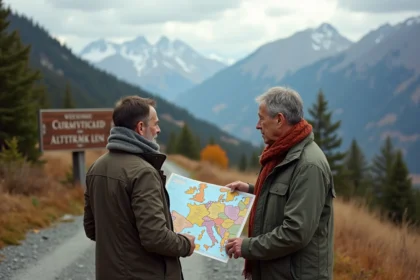 Couple adulte devant panneau en forêt avec carte multilingue