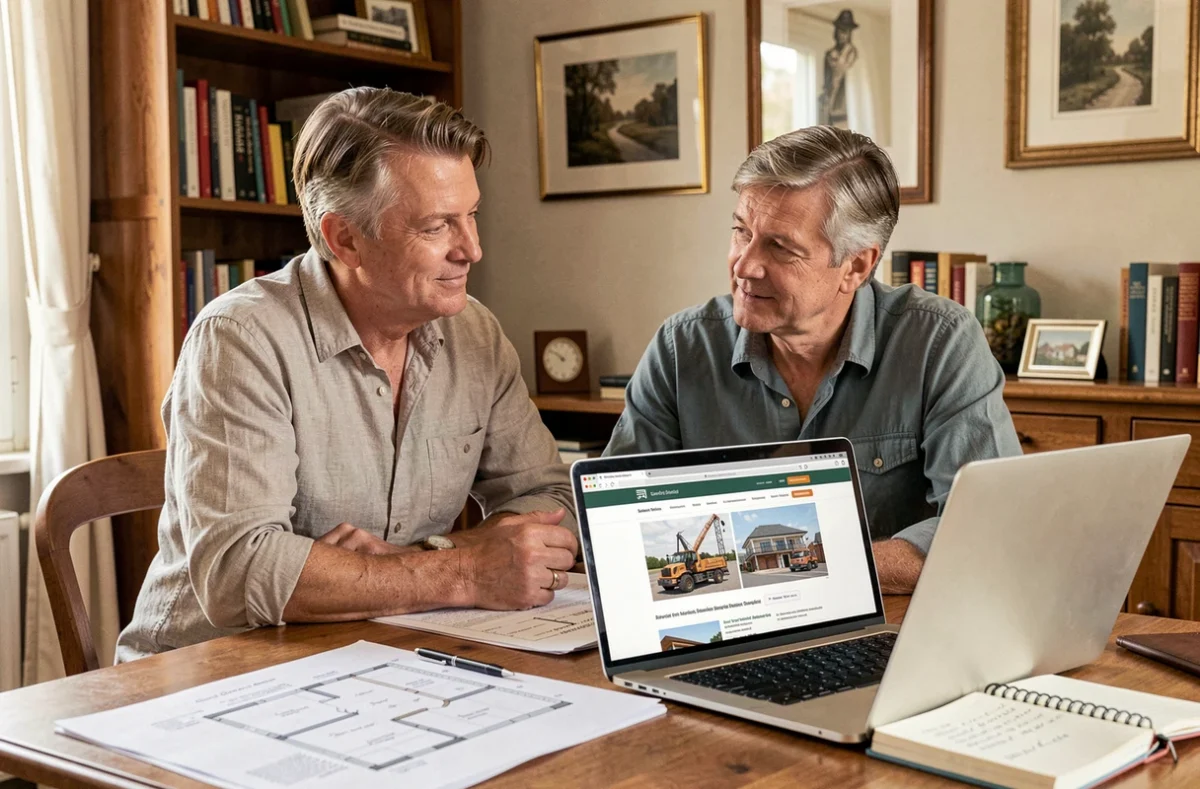 Couple de particuliers consultant un site de services BTP en ligne pour sécuriser leurs travaux de rénovation