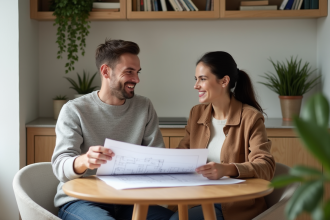 Jeune couple discutant de plans dans un appartement lumineux