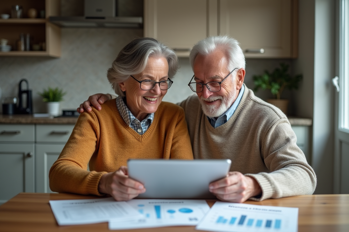 Couple âgé comparant des offres de prêt immobilier à la cuisine
