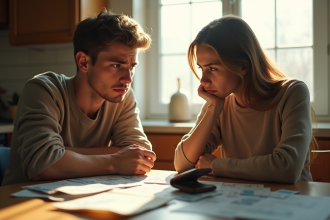 Jeune couple inquiet avec factures et portefeuille vide