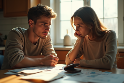 Jeune couple inquiet avec factures et portefeuille vide