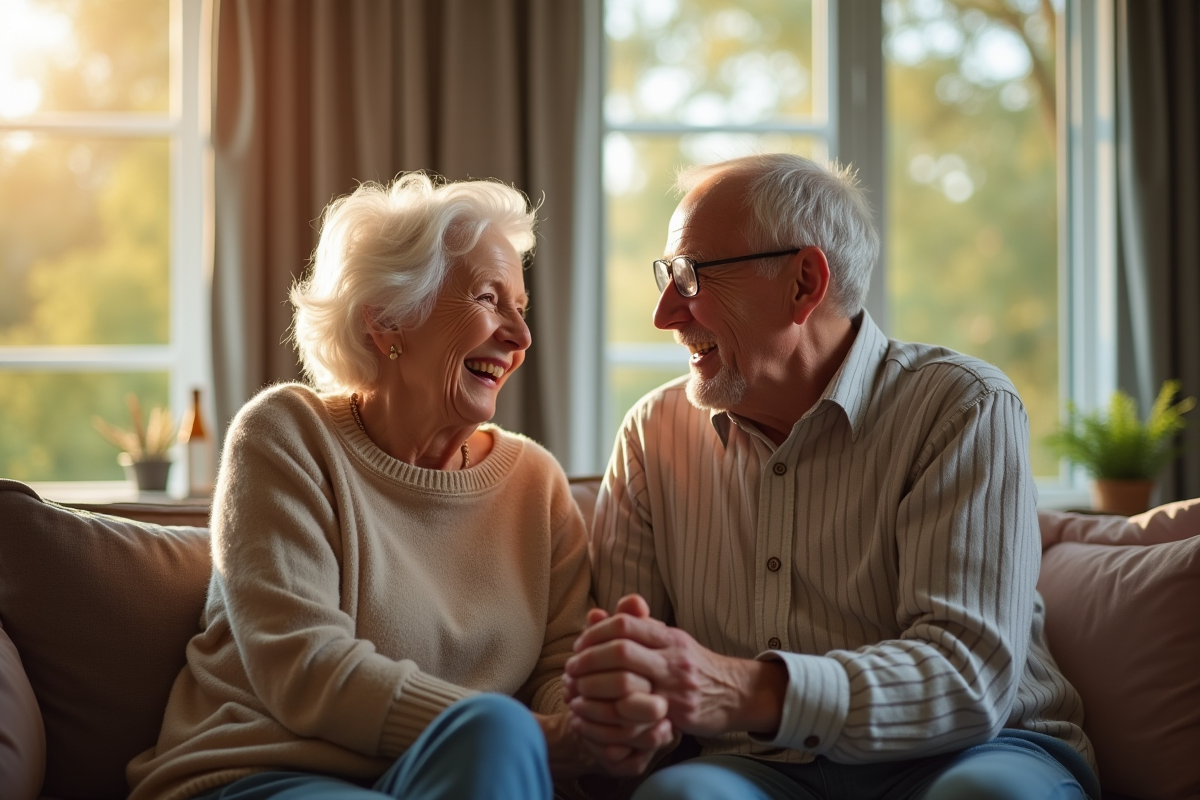Couple âgé souriant main dans la main dans un salon lumineux