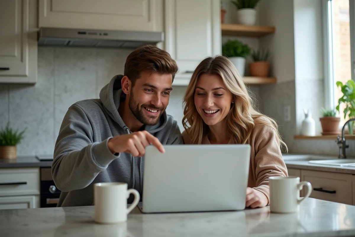Couple regardant le programme TV numérique Télé Z sur ordinateur portable dans la cuisine