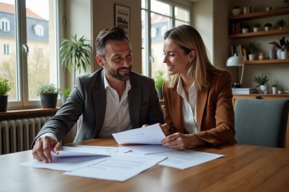 Couple français en costume examine des documents de prêt immobilier