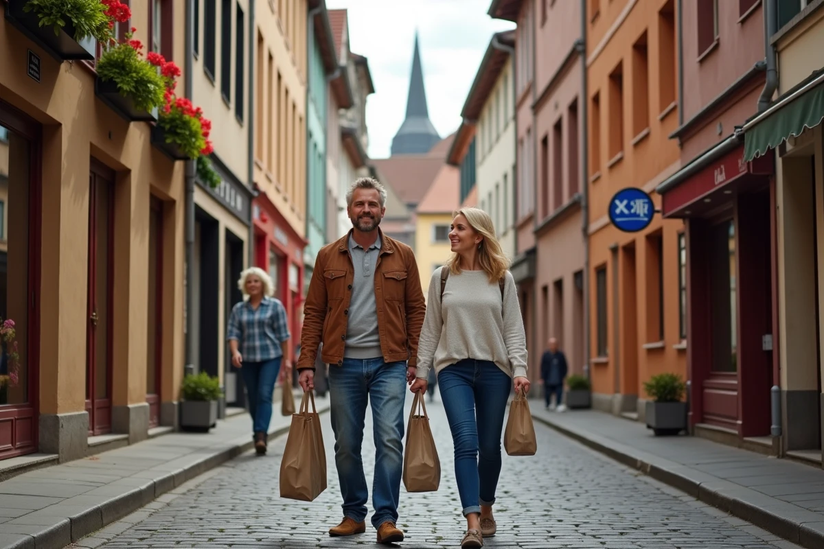 Couple se promenant dans une ruelle piétonne historique de Strasbourg avec la cathédrale en arrière-plan