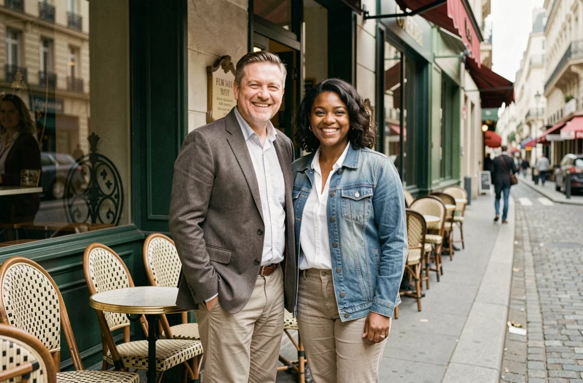 Couple souriant en tenue décontractée sur une terrasse de café parisien, atmosphère urbaine authentique et complicité naturelle