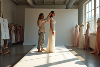 Créateur de mode ajustant une robe sur un mannequin dans un atelier lumineux