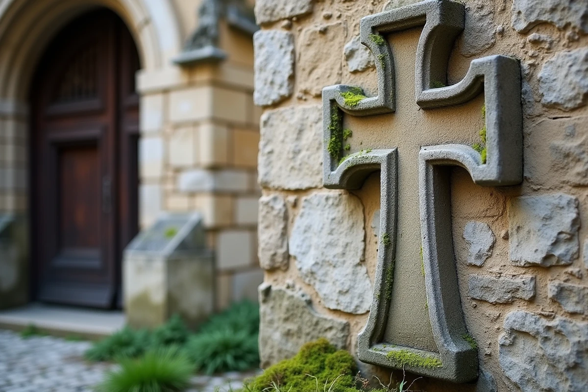 Croix des Templiers gravée sur la façade en pierre d'une église médiévale française, symbole de l'ordre et de sa devise