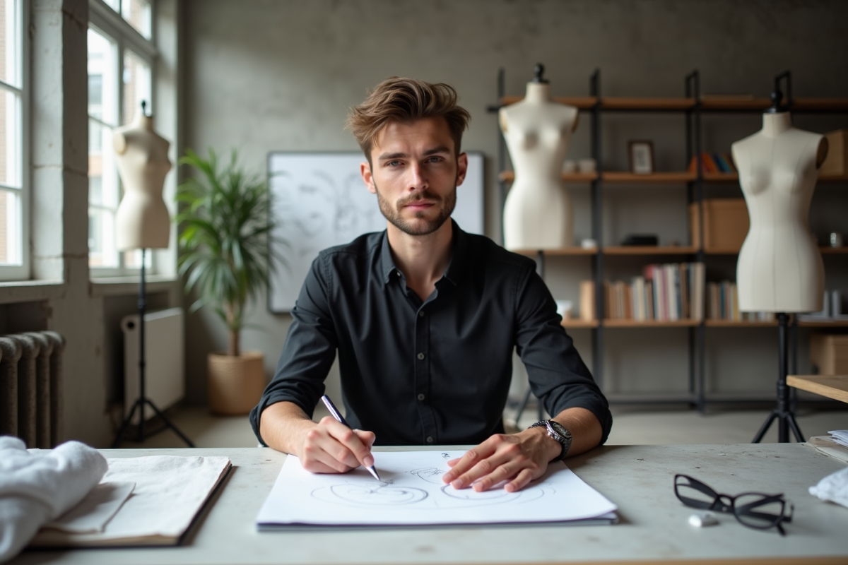 Jeune designer de mode dans un studio créatif avec croquis