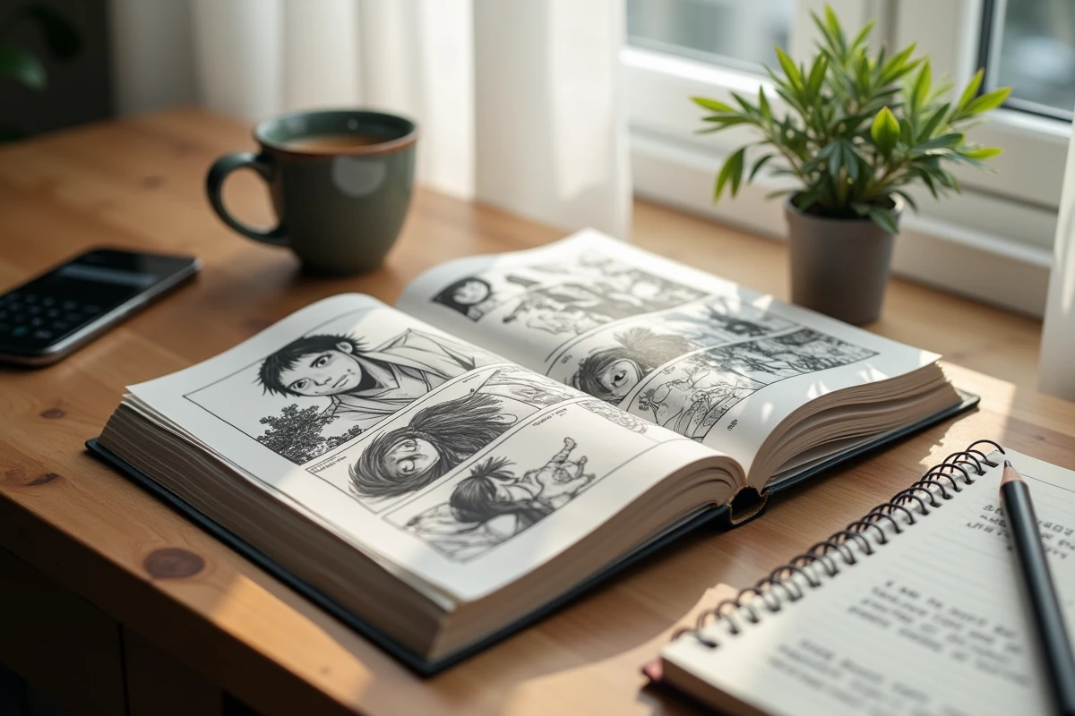 Gros plan sur un manhwa ouvert en version française posé sur un bureau avec café et notes manuscrites