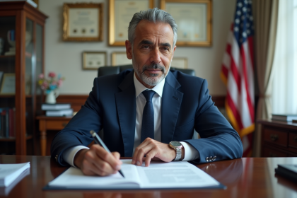 Diplomate nord-africain en costume bleu examine documents