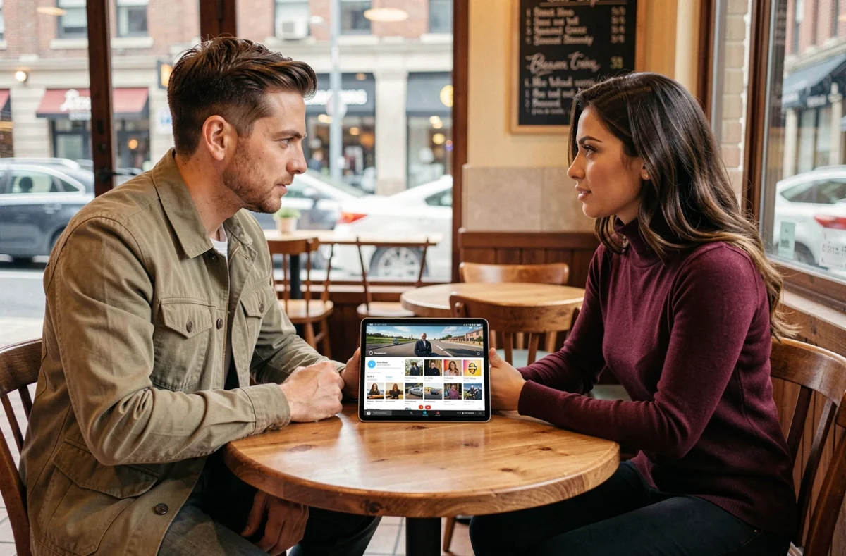 Deux personnes discutant de liberté d'expression et de censure en ligne autour d'une tablette dans un café urbain