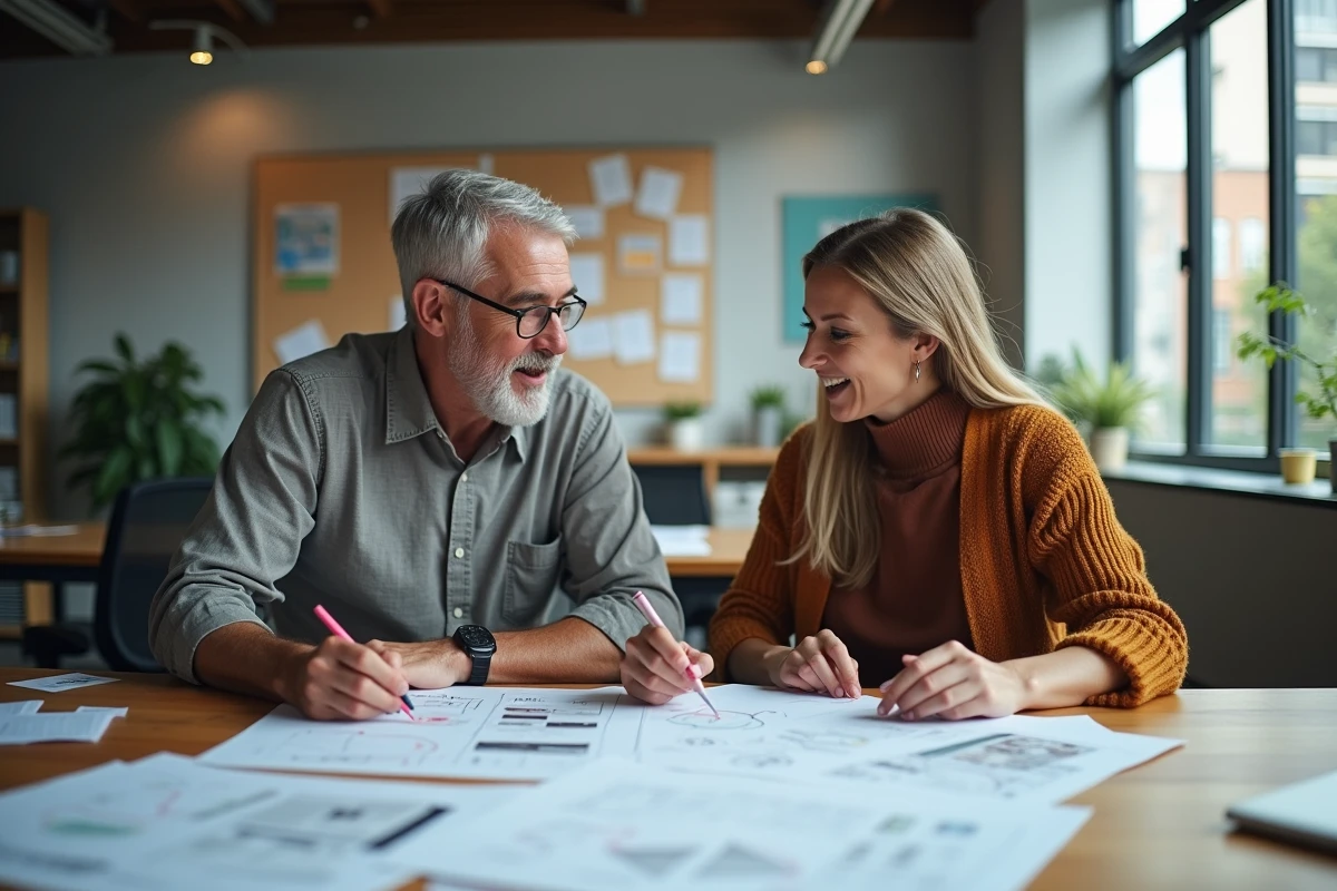 Deux personnes discutant de plans dans un espace de travail créatif