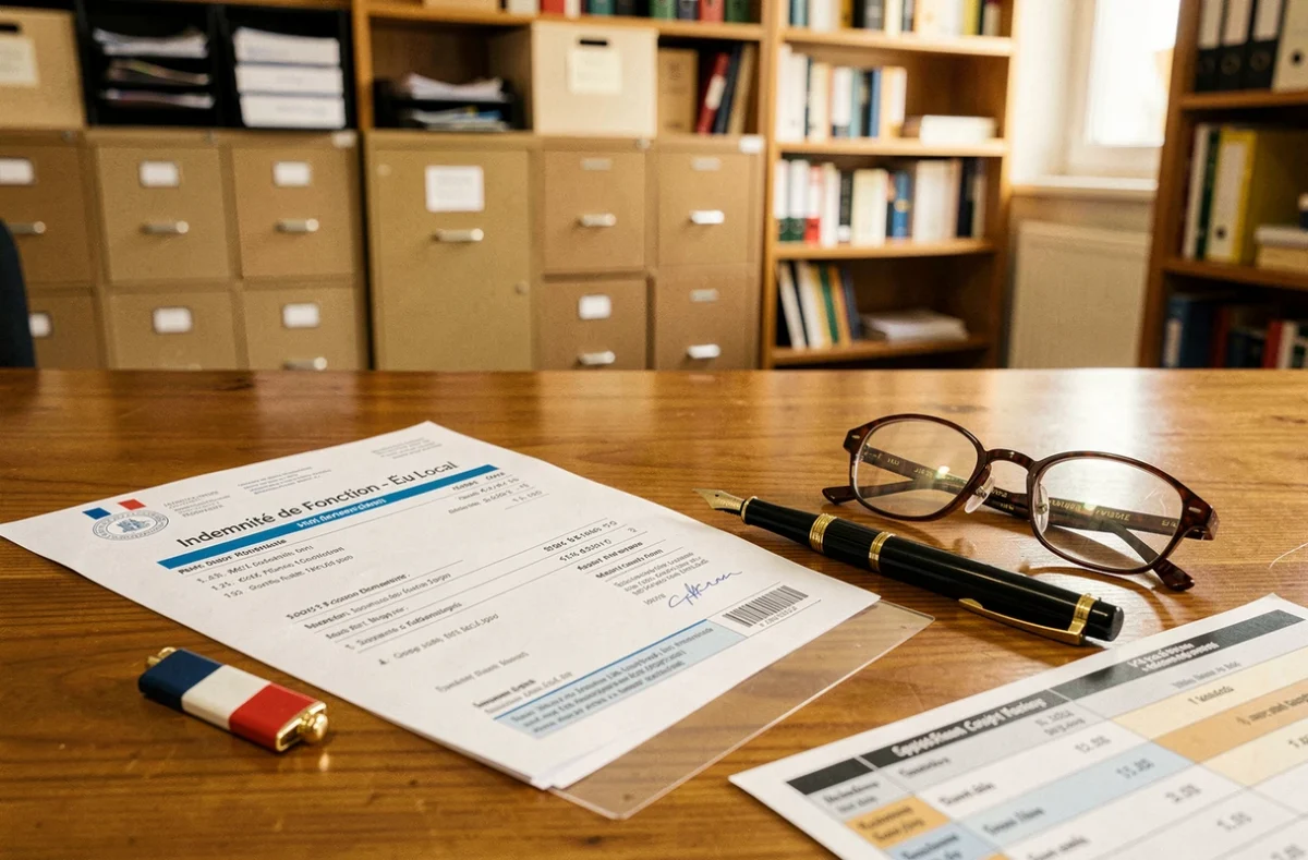 Documents officiels de rémunération des élus locaux sur un bureau de mairie, comparatif des indemnités maire et adjoints en 2026