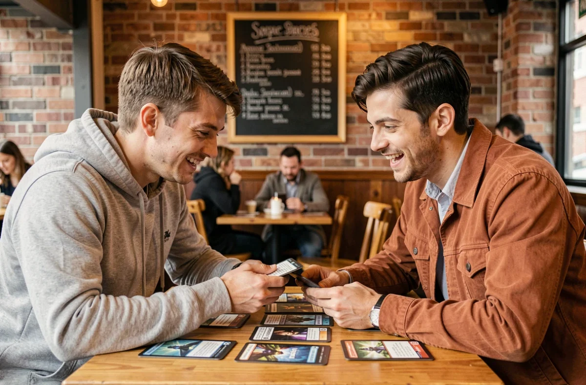 Deux amis échangeant des cartes Magic The Gathering dans un café, comparant leurs éditions