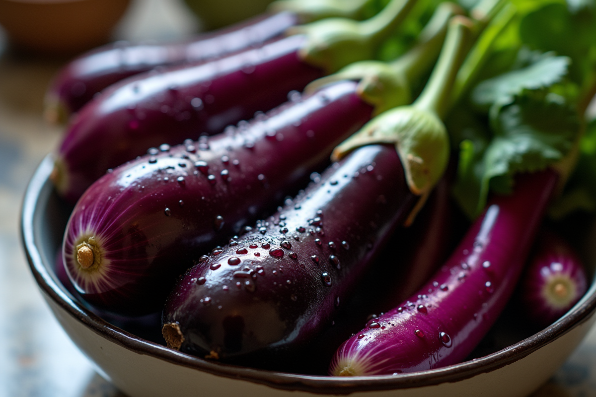 Gros plan sur aubergines et endives lavées dans un bol avec gouttelettes d
