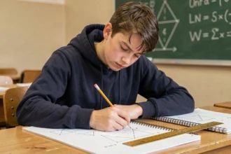 Élève de lycée travaillant sur des exercices de géométrie avec conversion mètres carrés en centimètres carrés sur une feuille de papier quadrillé