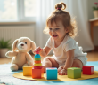 Jeune fille de deux ans joue sur un tapis coloré avec blocs