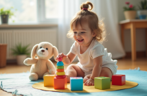 Jeune fille de deux ans joue sur un tapis coloré avec blocs