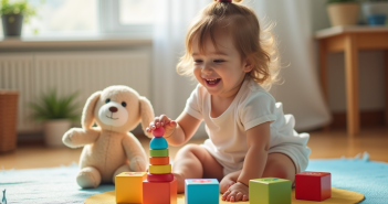 Jeune fille de deux ans joue sur un tapis coloré avec blocs