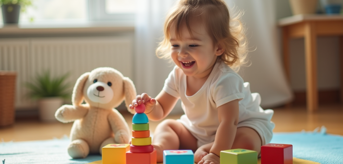 Jeune fille de deux ans joue sur un tapis coloré avec blocs