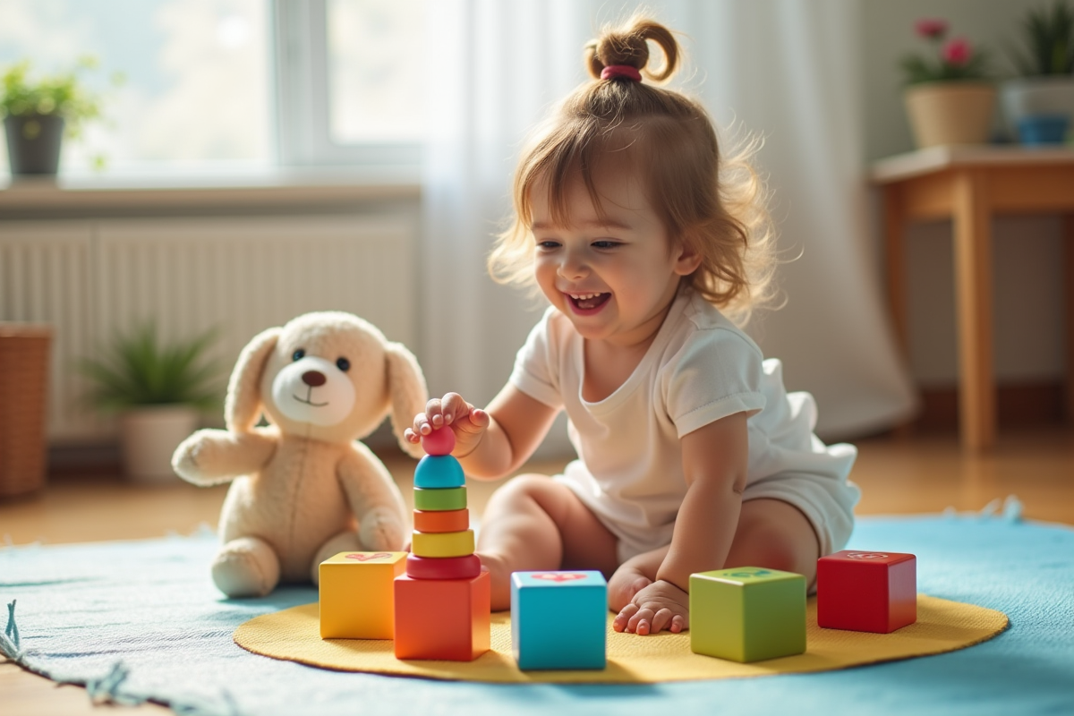 Jeune fille de deux ans joue sur un tapis coloré avec blocs