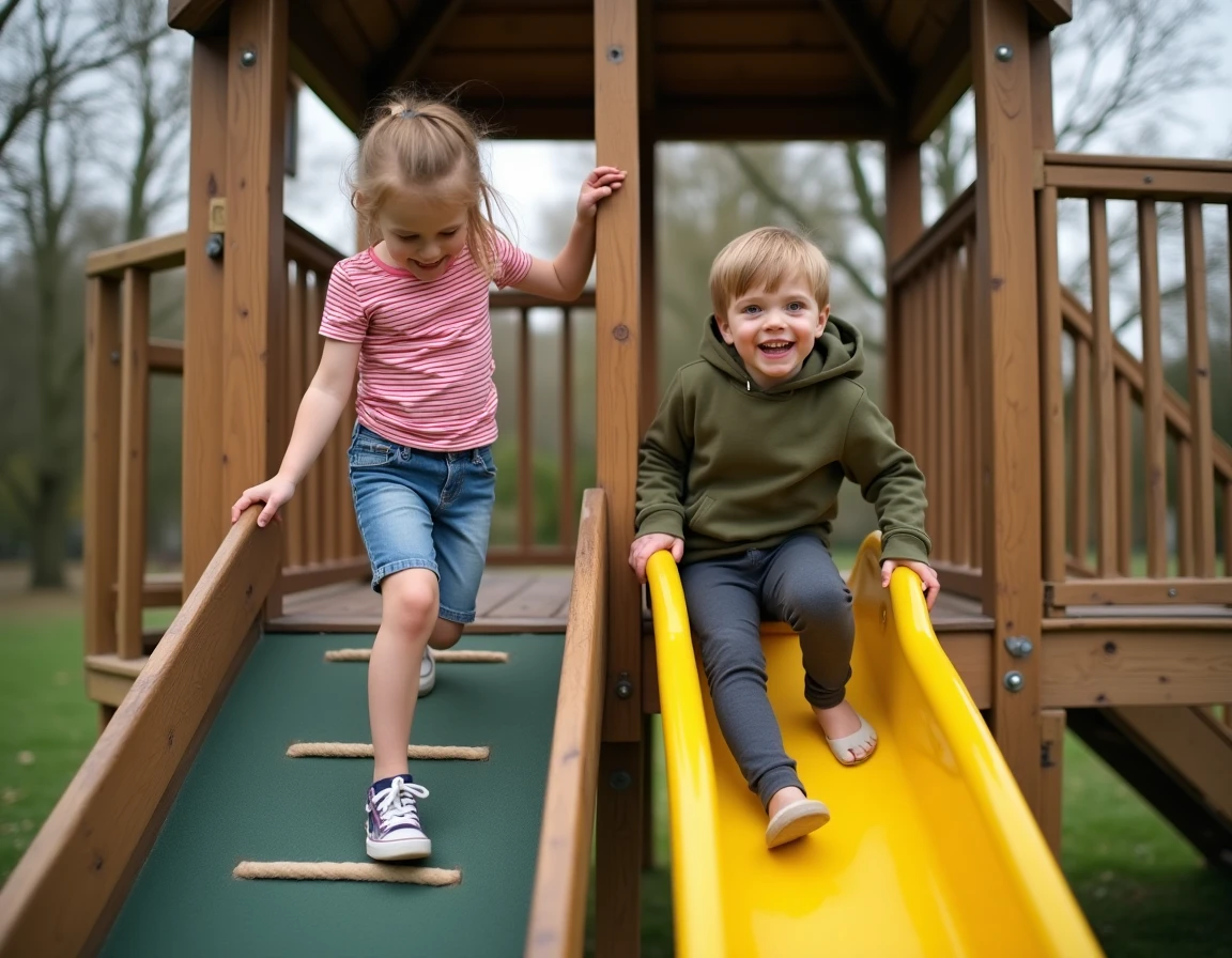 Enfants jouant sur une aire de jeux en bois dans un parc municipal de Saralbe