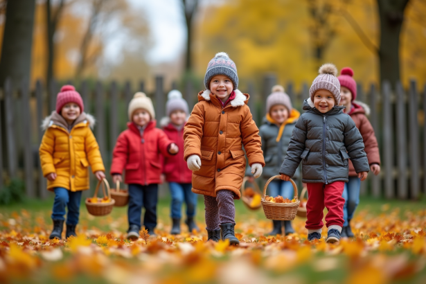 Groupe d'enfants en automne ramassant des feuilles colorées