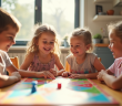 Groupe de quatre enfants jouant à un jeu de société coloré