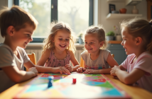 Groupe de quatre enfants jouant à un jeu de société coloré