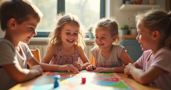 Groupe de quatre enfants jouant à un jeu de société coloré