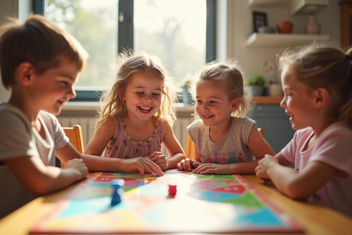 Groupe de quatre enfants jouant à un jeu de société coloré