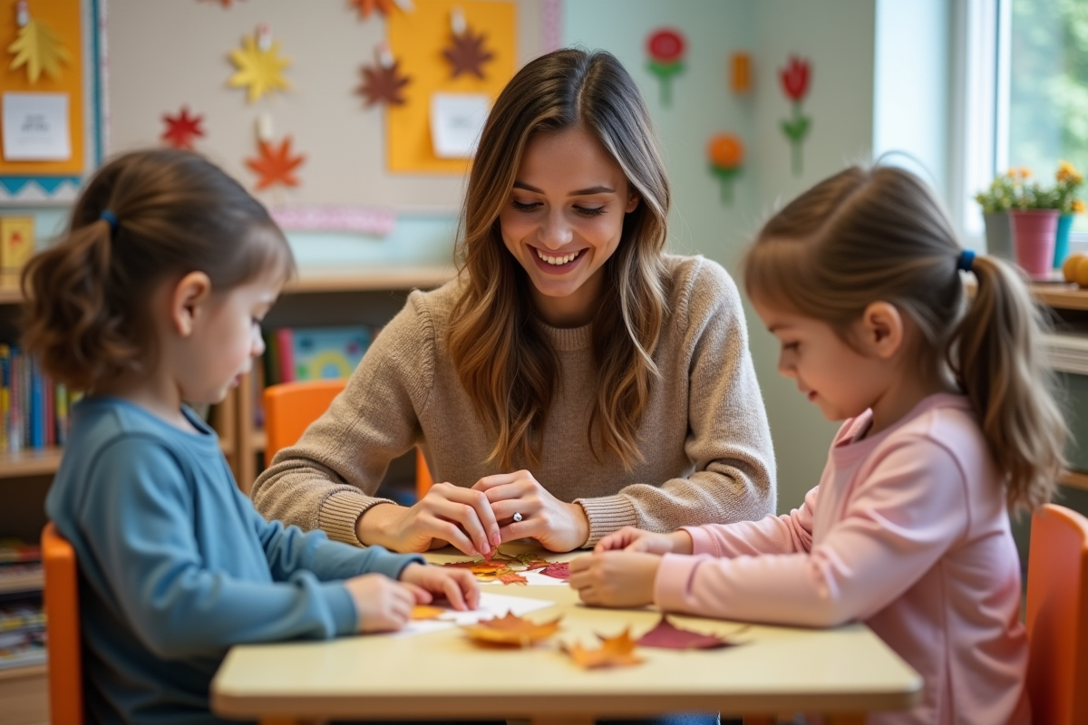 Enseignante aidant des enfants à faire un collage de feuilles