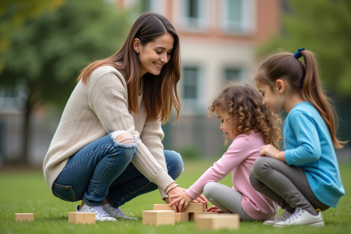 Enseignante guidant des enfants avec des blocs en plein air dans un parc