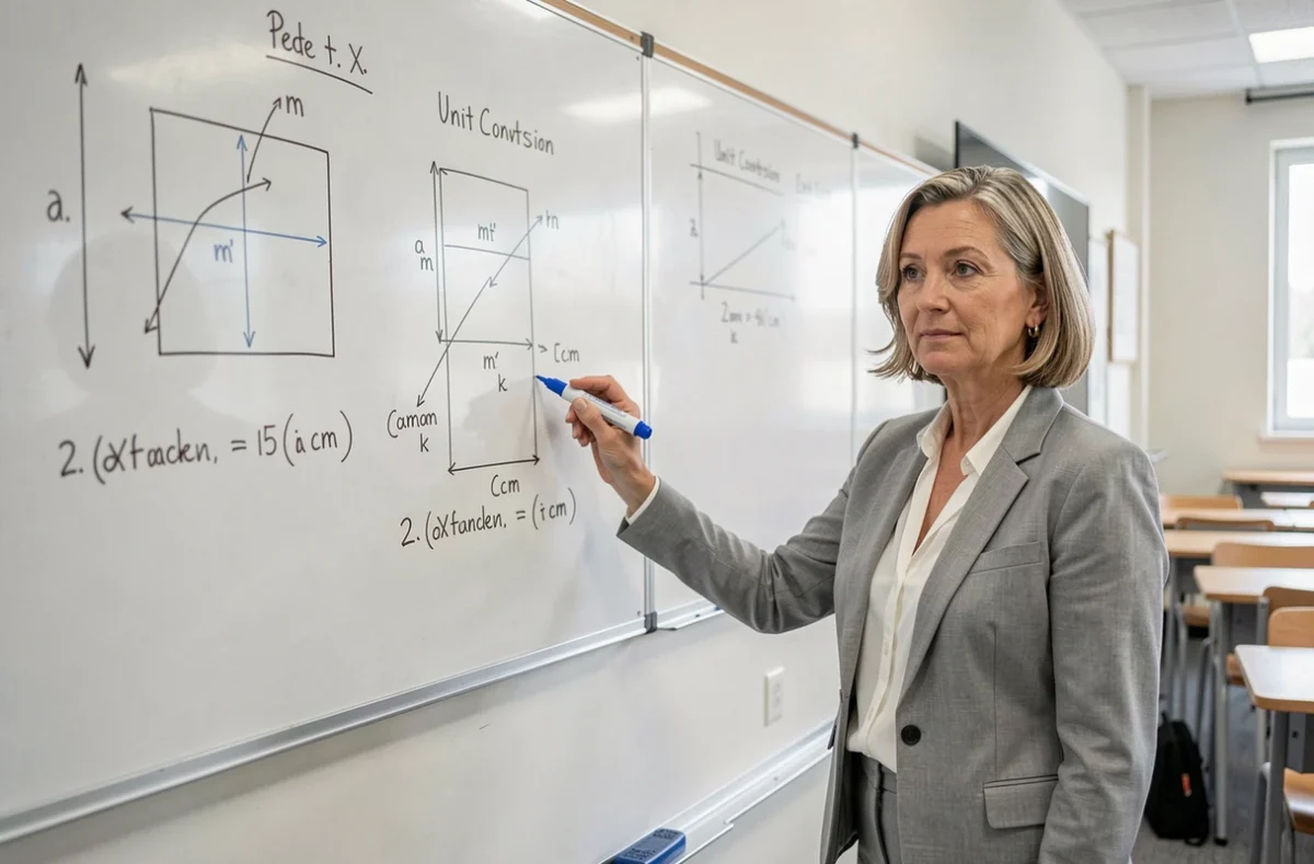 Enseignante expliquant la conversion de mètres carrés en centimètres carrés devant un tableau blanc avec des schémas géométriques annotés