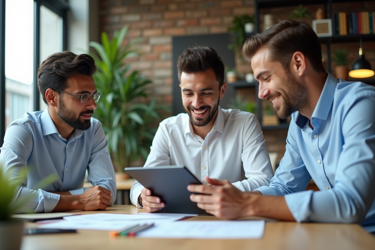 Groupe de professionnels discutant de gestion de paie en réunion
