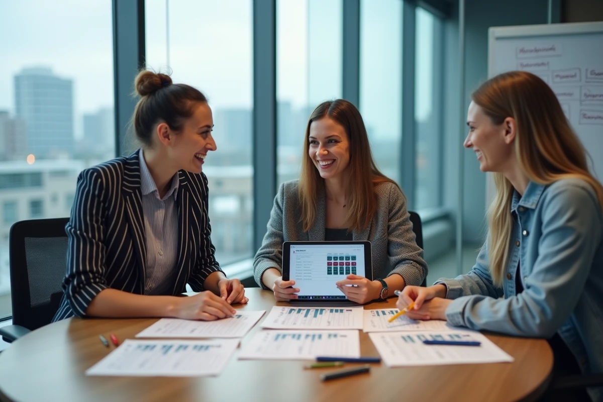 Équipe de professionnels discutant d'un planning de projet avec calcul de jours autour d'une table de réunion