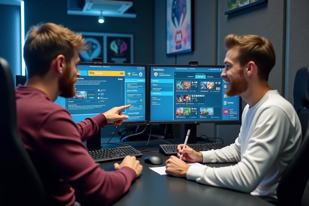 Deux joueurs professionnels analysant ensemble une composition TFT en late game dans une salle d'entraînement esport