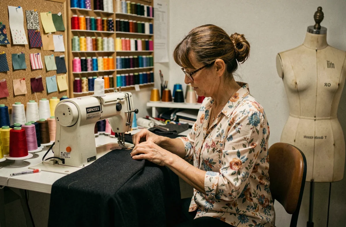 Couturière d'Espace Retouches à Clermont-Ferrand cousant soigneusement un ourlet sur une jupe en laine à sa machine à coudre