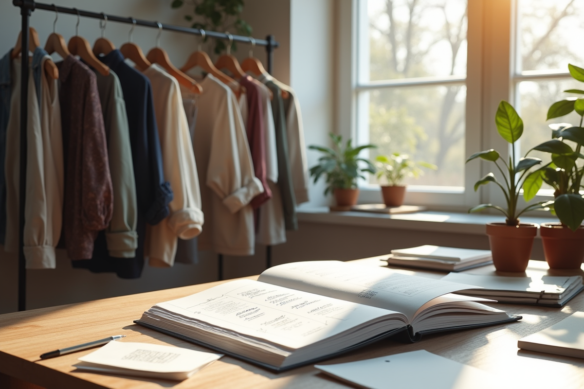 Espace de travail avec penderie et croquis de mode lumineux