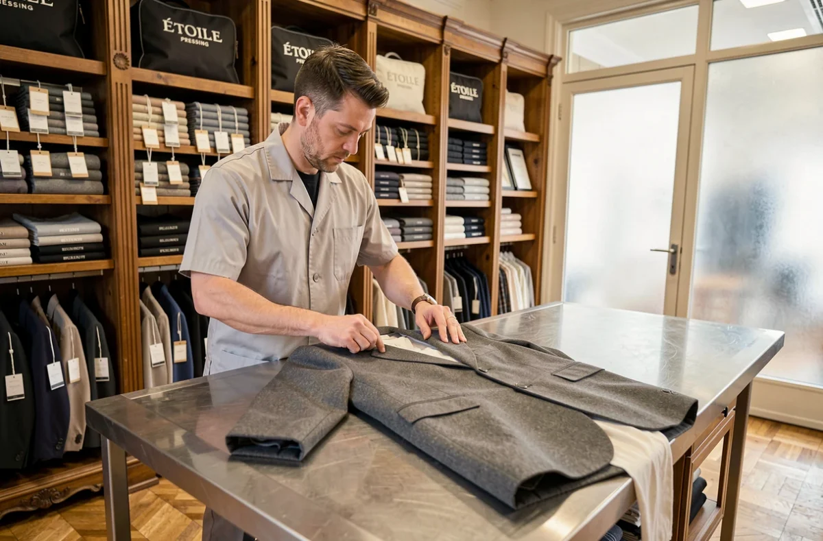 Employé de l'Étoile Pressing à Chambéry pliant soigneusement un blazer pressé sur un plan de travail en inox
