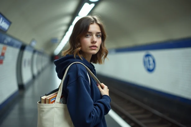 Étudiante sur le quai d'une station du métro parisien ligne 13 avec ses affaires universitaires