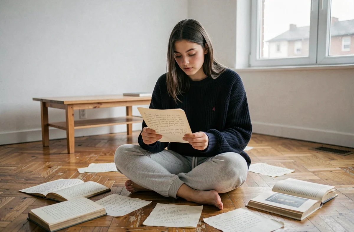 Jeune femme étudiant les règles de la rime ine et in entourée de feuilles de poésie manuscrites et d'anthologies ouvertes sur le sol