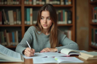 Étudiante en économie révisant une copie d'examen sur la définition des pays développés dans une bibliothèque universitaire