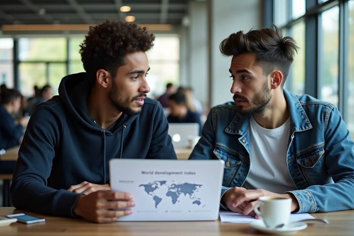 Deux étudiants discutant des erreurs fréquentes sur la définition des pays développés lors d'une révision en groupe