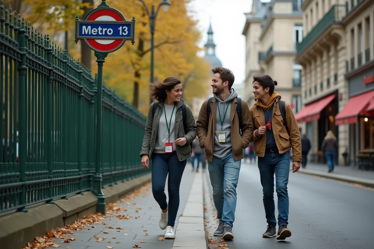Étudiants marchant près d'une station de métro ligne 13 dans un quartier universitaire parisien