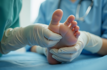 Examen d'un pied par un médecin en milieu clinique
